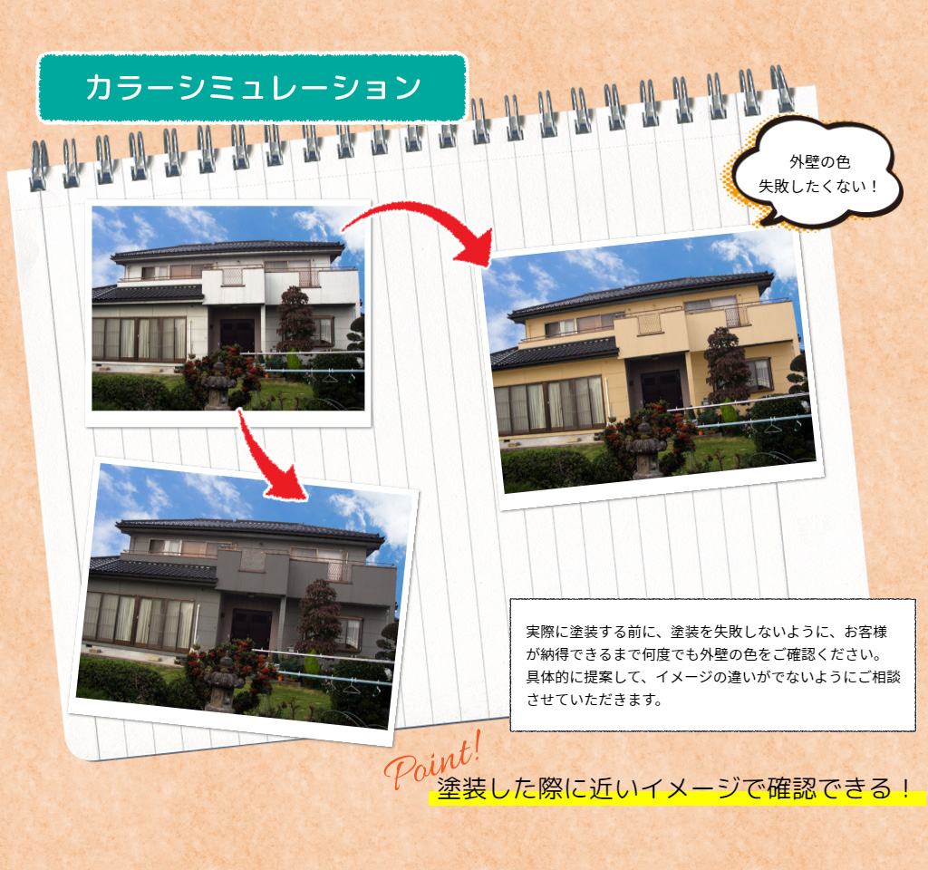 実際に塗装する前に、塗装を失敗しないように、お客様が納得できるまで何度でも外壁の色をご確認ください。具体的に提案して、イメージの違いがでないようにご相談させていただきます。